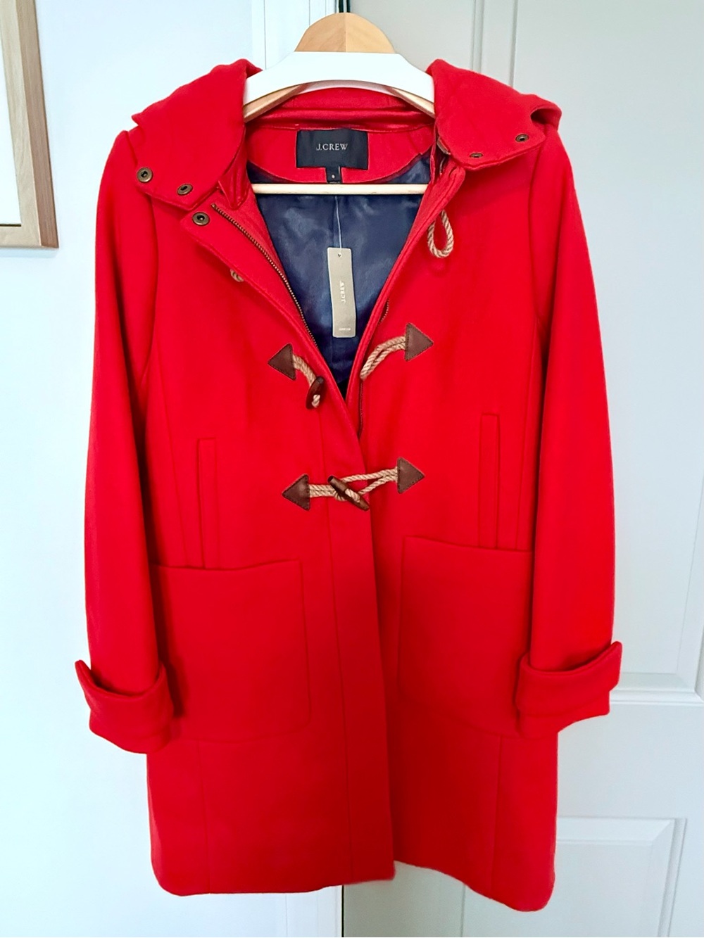 J. Crew Bright Red Wool Toggle Duffle Coat with Hood